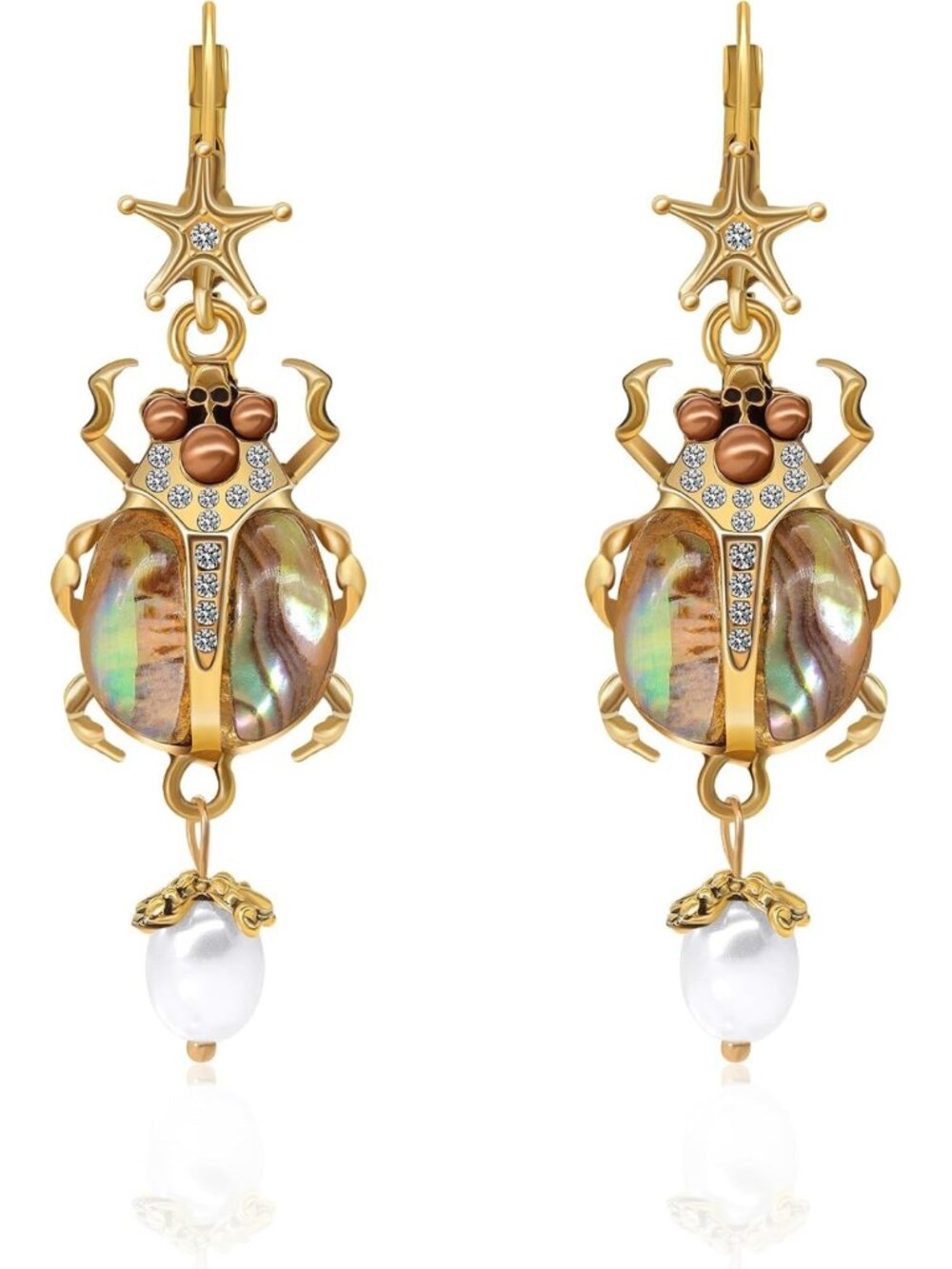 Vintage Beetle Dangle Earrings with Imitation Pearl | Victorian-Inspired Insect